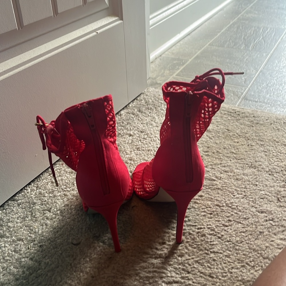 Red Lace-Up Stiletto Heels - Picture 2 of 2